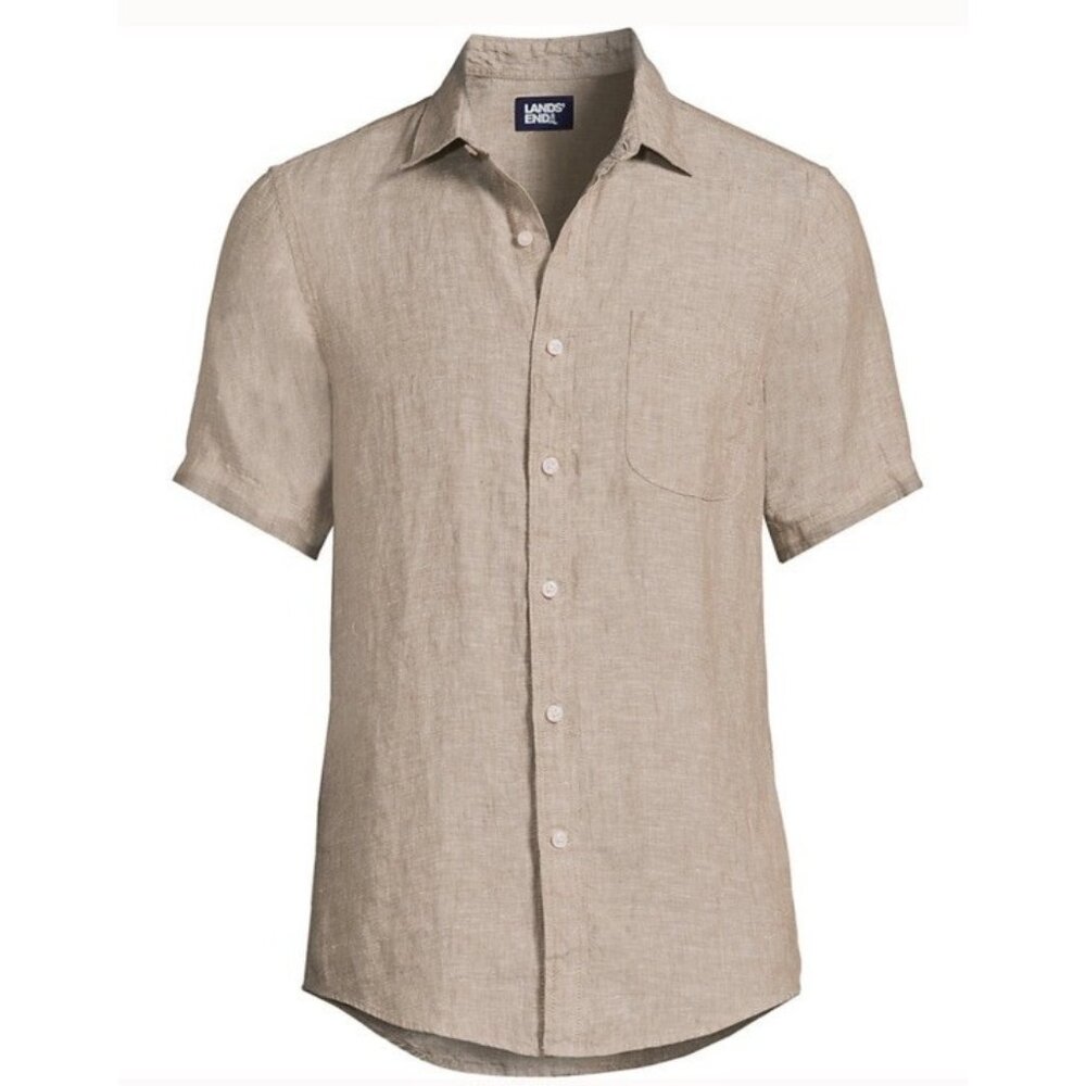 Lands End Linen Button Up Shirt Short Sleeve Mens 3XLT Big Tall 3XL‎ Tan Coral